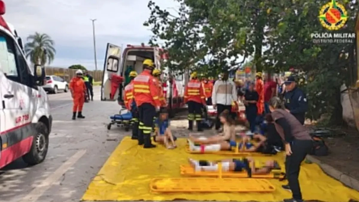 Micro-ônibus com atletas de vôlei bate em árvore no DF e deixa 17 feridos